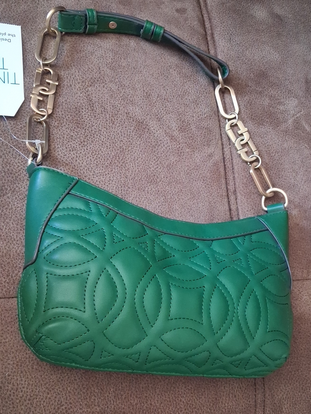 Time And Tru Green Quilted Puffer Vinyl Shoulder Bag with Chain Accent